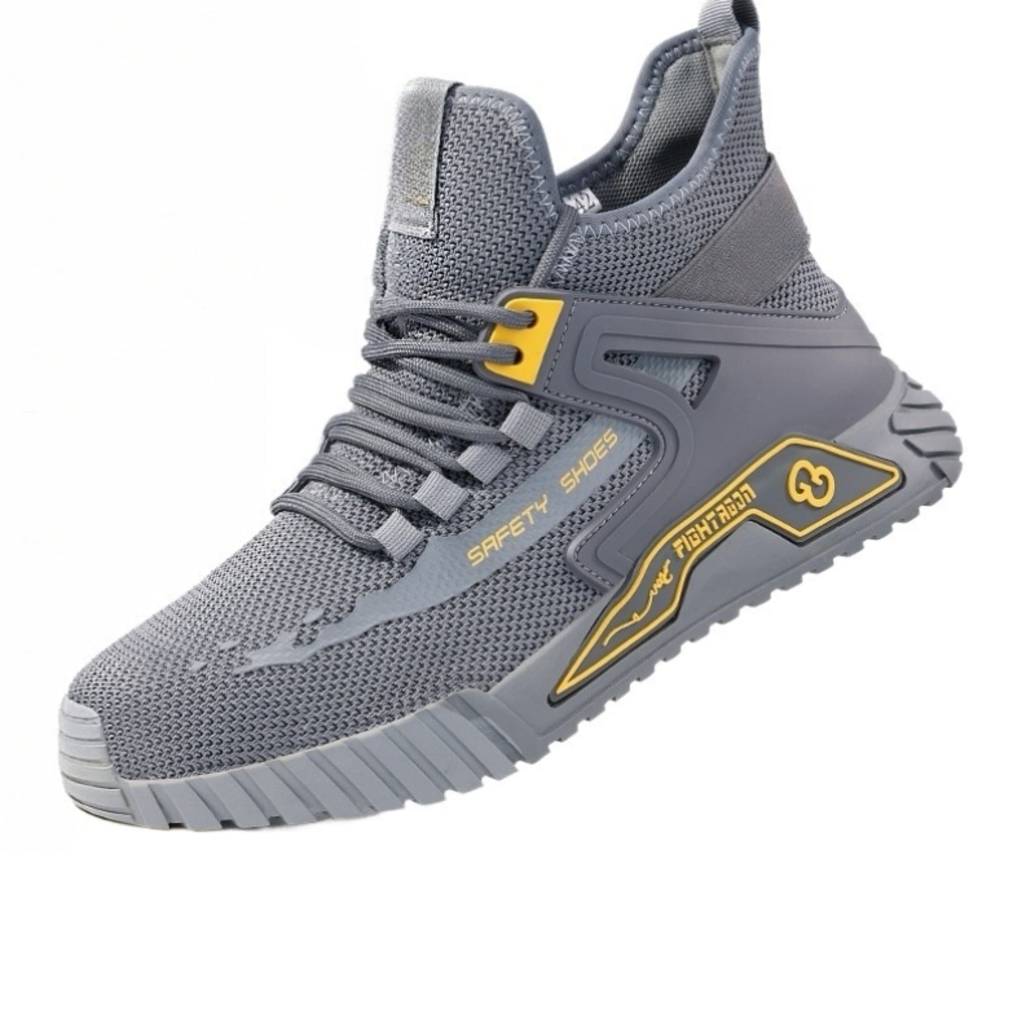 SafeStep PRO steel toe safety sneaker in Storm Grey color with yellow accents and breathable mesh upper