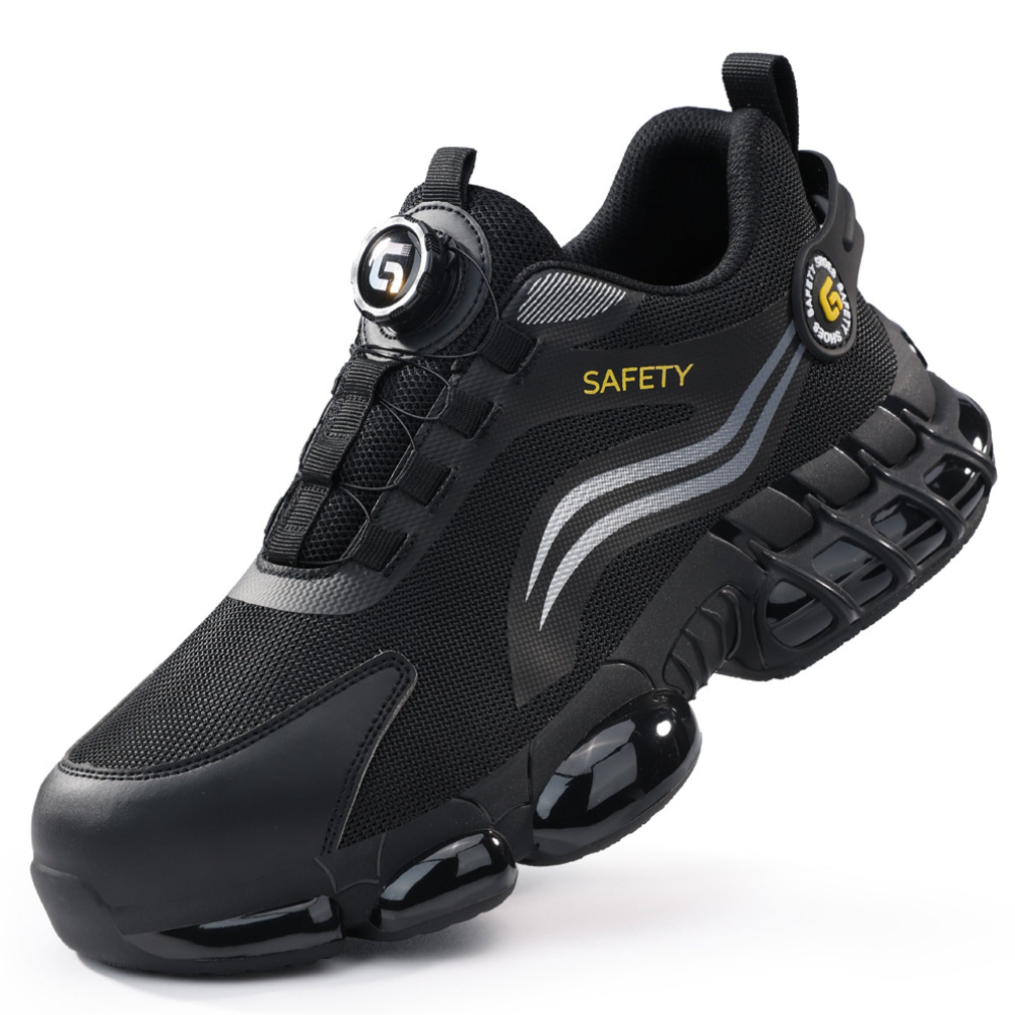 SafeStep athletic safety sneakers featuring a quick-adjust rotary buckle system and a breathable mesh upper for all-day work comfort.