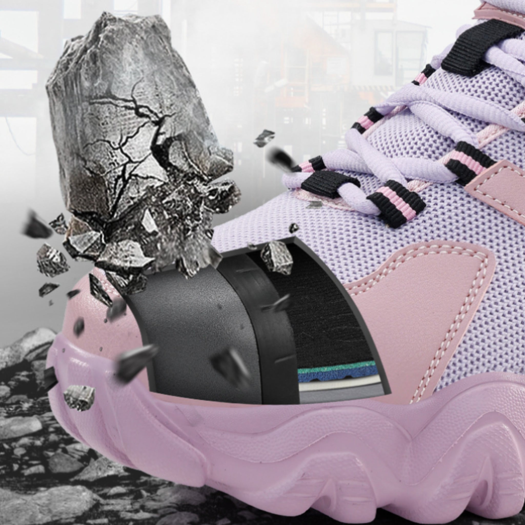 A heavy rock impact test on SafeStep CLOUD™ Lavender Mist safety sneakers, showing the steel toe cap withstanding 200J of force.
