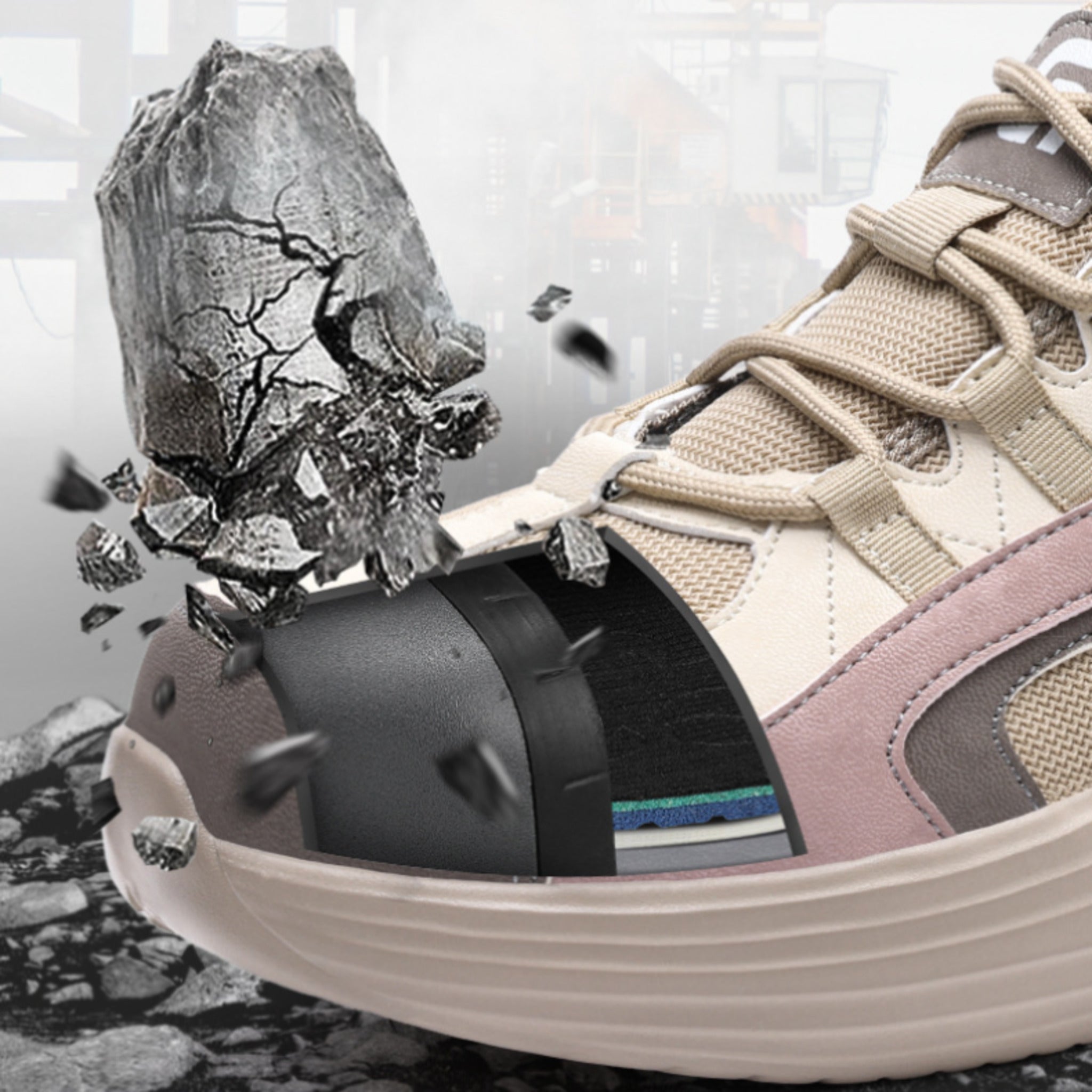 Dynamic demonstration of SafeStep safety sneakers showing the built-in European standard steel toe cap withstanding a heavy rock impact for maximum anti-smash foot protection.