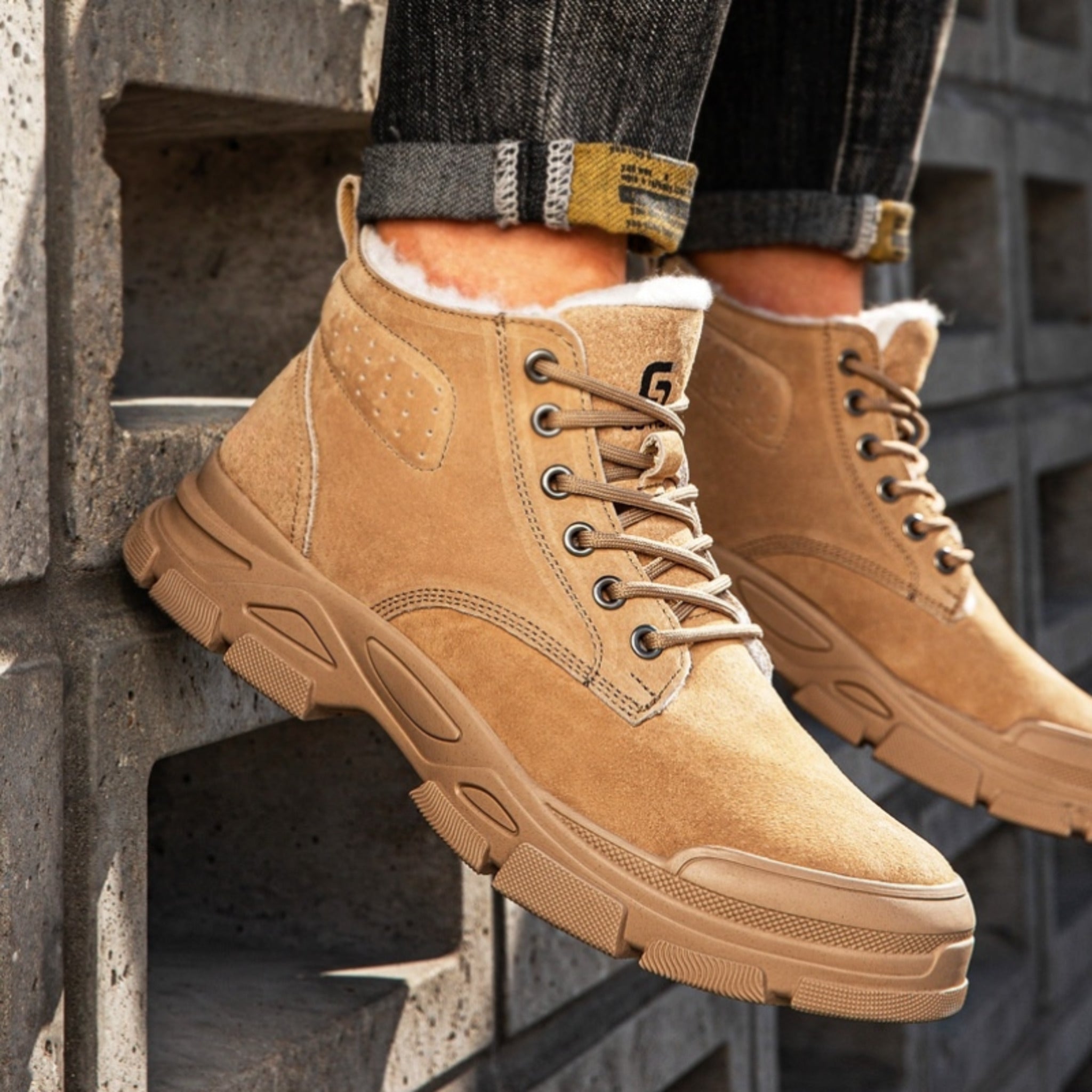 On-foot view of SafeStep Gear winter safety boots featuring thick fur lining and durable tan suede leather for cold weather work.