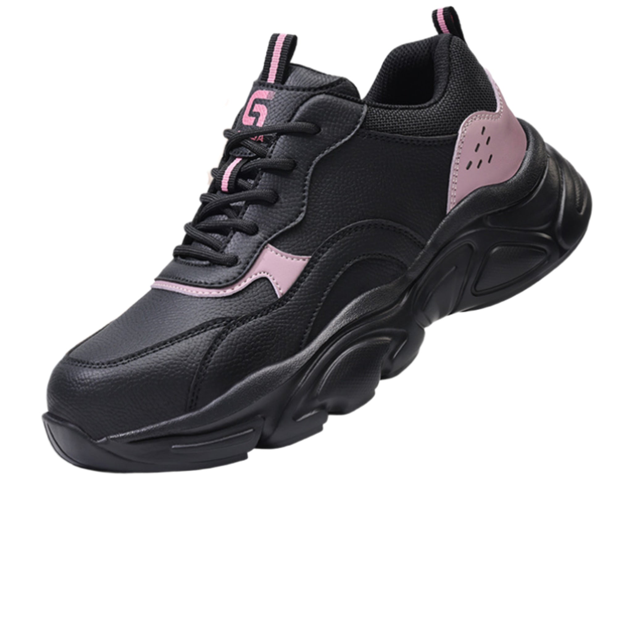 All-season women's safety sneakers featuring a black and pink leather design with impact-resistant steel toe.